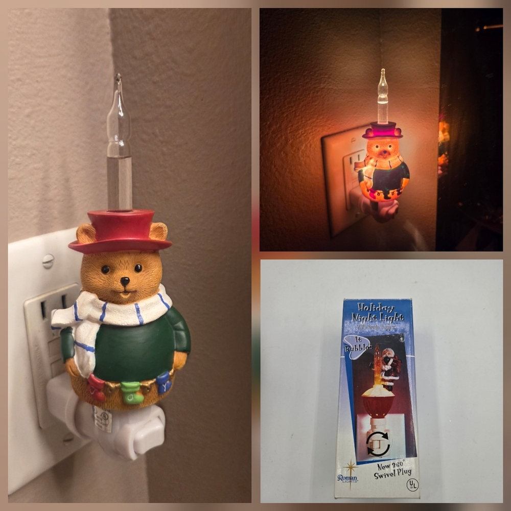 NOS Roman Inc Bubble Night Light CHRISTMAS Teddy Bear Top Hat JOY Stockings 2001